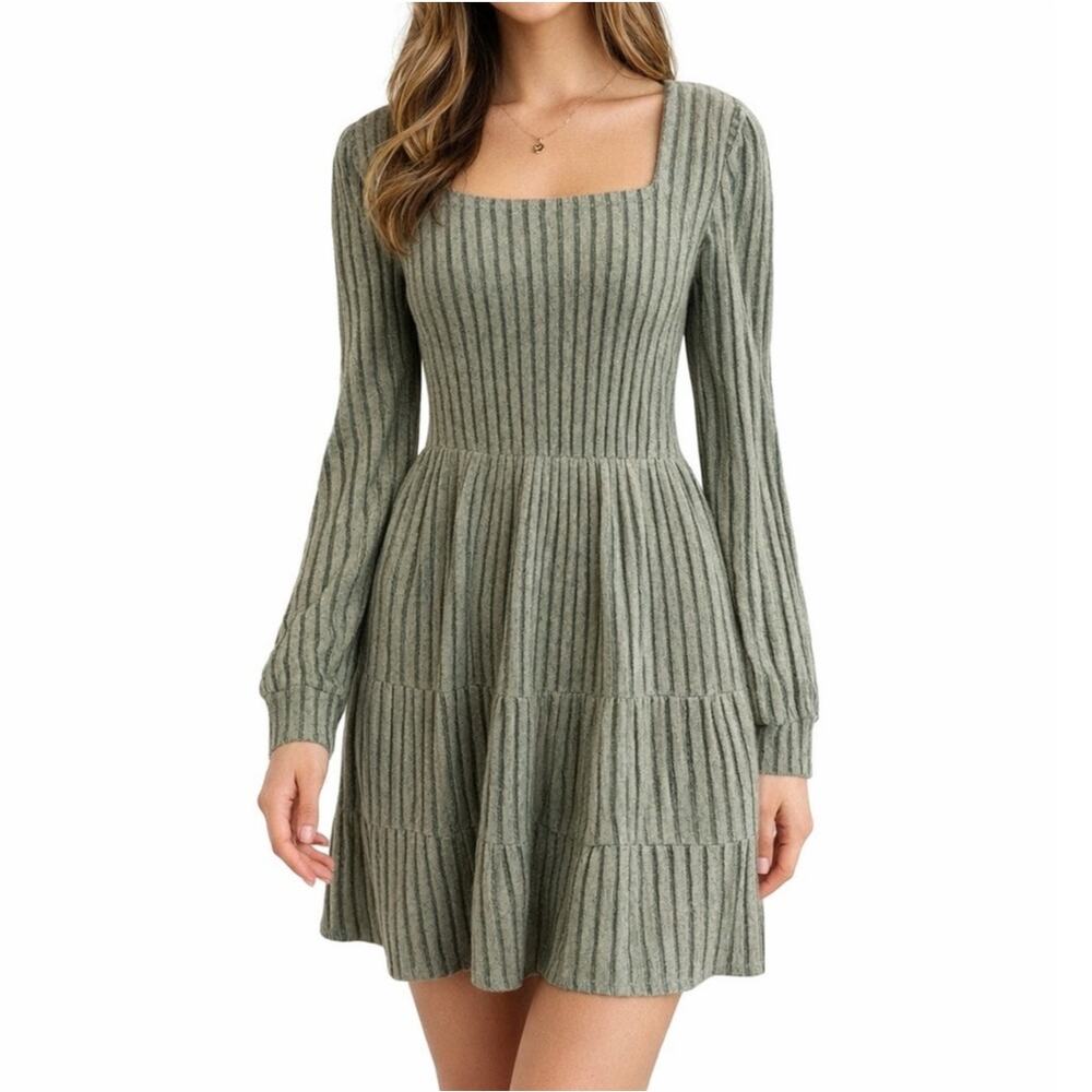 Ribbed Tiered Dress Sz Med Square Neck w/ Pockets Boho Cottagecore Romantic - Picture 1 of 13